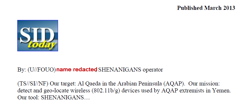 Screenshot of the header of an NSA SIDtoday article. It shows the SIDtoday logo, a 'Published March 2013' line, and a 'By:' byline with the author's name redacted as a SHENANIGANS operator. Below, a mission statement marked TOP SECRET//SI//NOFORN reads that the target is Al Qaeda in the Arabian Peninsula and the mission is to detect and geo-locate wireless devices used by AQAP in Yemen.