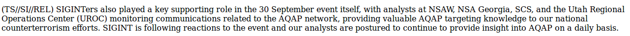 Screenshot of text from the SHENANIGANS operator's SIDtoday article, marked TOP SECRET//SI//REL. It states that SIGINT analysts at NSA Washington, NSA Georgia, the Special Collection Service, and the Utah Regional Operations Center supported 'the 30 September event' by monitoring communications tied to the AQAP network, and that analysts continue to provide daily insight into AQAP.