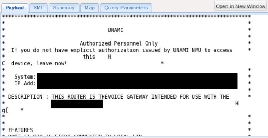 Screenshot of DISCOROUTE search results for the query 'UNAMI', showing one router's payload data including a router banner reading 'UNAMI - Authorized Personnel Only'.