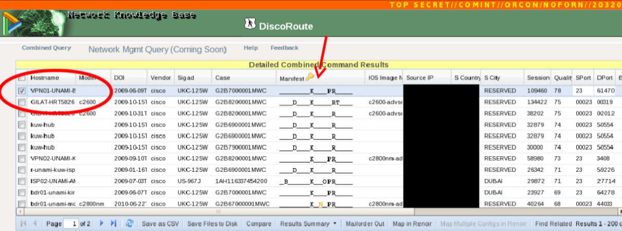 Screenshot of DISCOROUTE search results for the query 'UNAMI', showing eleven router entries with hostnames including VPN01-UNAMI-B, VPN02-UNAMI-K, kuw-hub, r-unami-kuw-isp and others, collected from two collection points: SIGAD UKC-125W and SIGAD US-967J, the latter identified in a separate NSA document as the Special Collection Service station in Kuwait City.