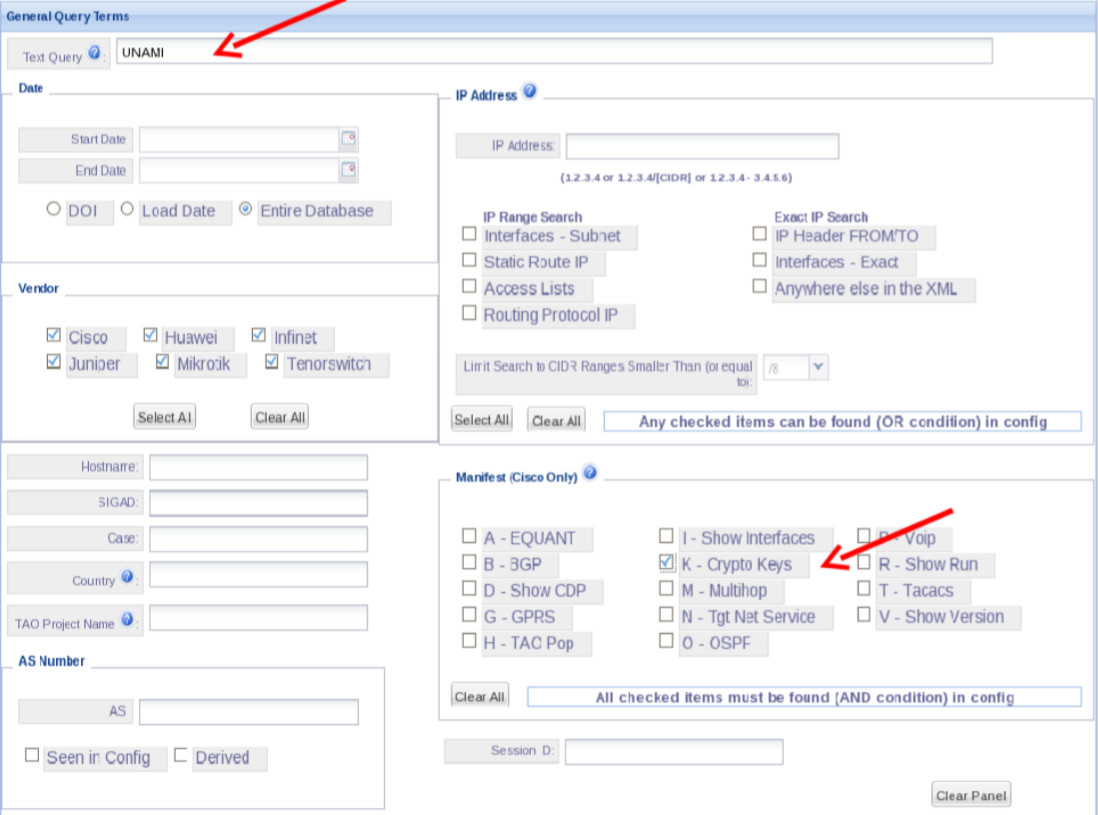 Screenshot of NSA's DISCOROUTE interface showing a free-text search for 'UNAMI' run against the entire router configuration database, with the Crypto Keys manifest filter checked, indicating the analyst was specifically looking for UNAMI routers with cryptographic key material in their captured configurations.